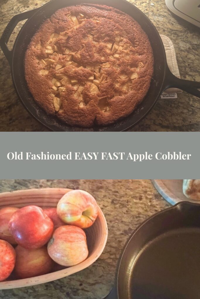 finished apple cobbler in a cast iron skillet, apples in a basket

