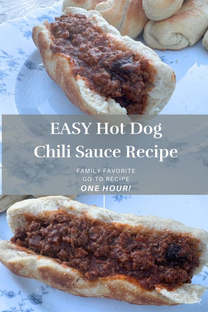 pinterest graphic for easy hot dog chili recipe with finished hot dogs on a plate
