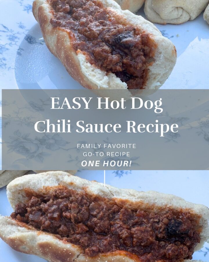 Easy Hot Dog Chili Recipe Pinterest Graphic of finished hot dog with chili sauce on a plate
