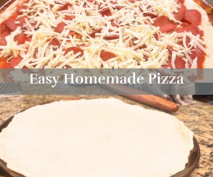 Easy Homemade Pizza Featured Image of in process Dough on a pan, topped pizza on a pan