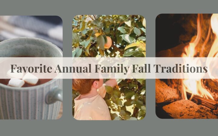 cup of hot coco with marshmallows boy picking apples fire pit with text for cover photo of easy family fall traditions