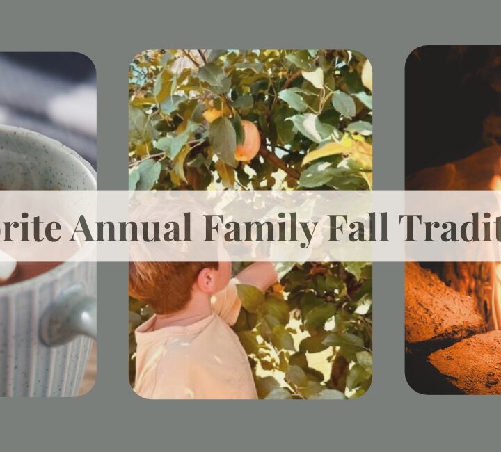 cup of hot coco with marshmallows boy picking apples fire pit with text for cover photo of easy family fall traditions